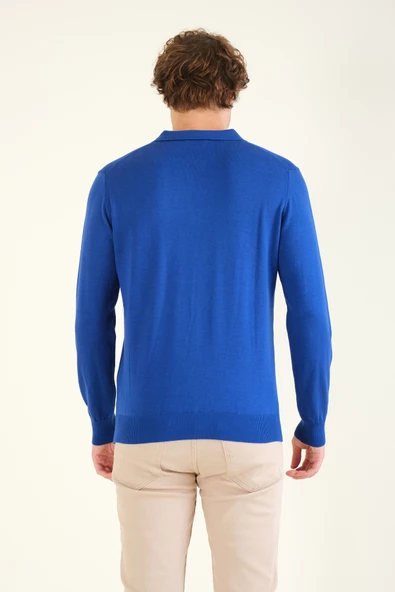 Erkek Yarım Fermuarlı Polo Yaka Kazak Saks Mavi - 6