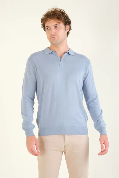 Erkek Yarım Fermuarlı Polo Yaka Kazak Açık Mavi - Resim 3