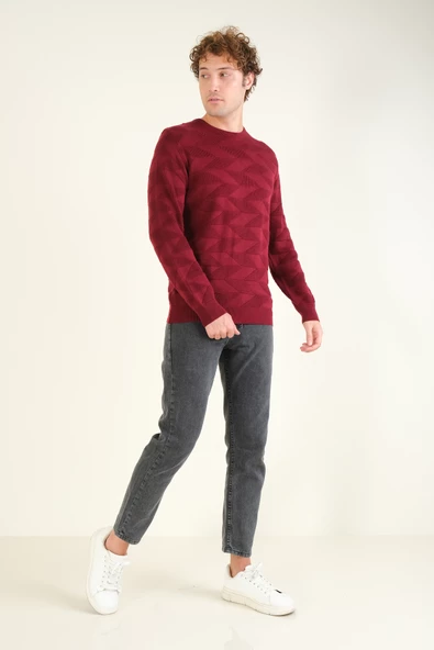 Erkek Kendinden Desenli Sıfır Yaka Kazak Bordo - 5