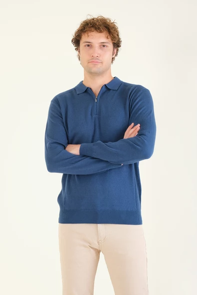 Erkek Yarım Fermuarlı Polo Yaka Kazak Petrol Mavi - 4