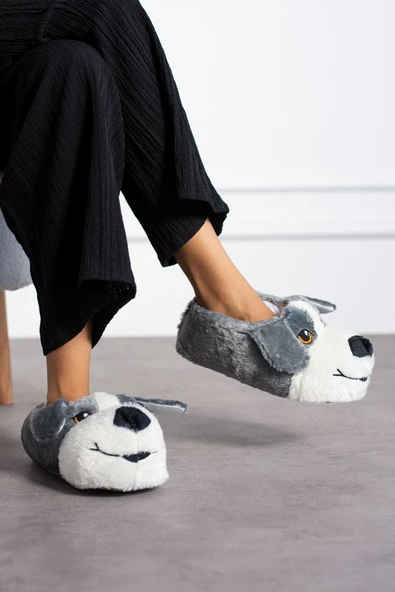 Albishoes Sevimli Köpek Hayvan Figürlü Peluş Yumuşak Taban Ev Botu Kışlık Hayvanlı Ev Panduf (30-40) - 4