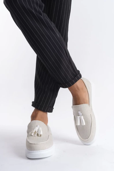 Anua Beyaz Blaze Bağcıksız Püsküllü Keten Erkek Günlük Spor Klasik Ayakkabı BT - 2