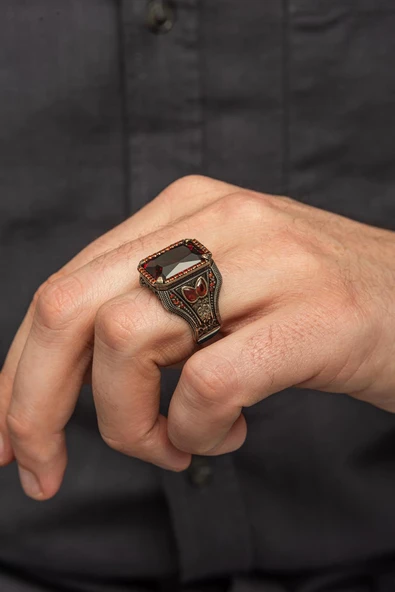 Kırmızı Taşlı 925 Gümüş Erkek Yüzük - 4