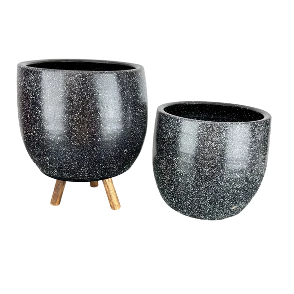 Bitki Tasarımı Siyah Granit Toprak Saksı Saksılık Salon Çiçeklik İkili Set Ayaksız - 3 Ayaklı- 19 CM - 3