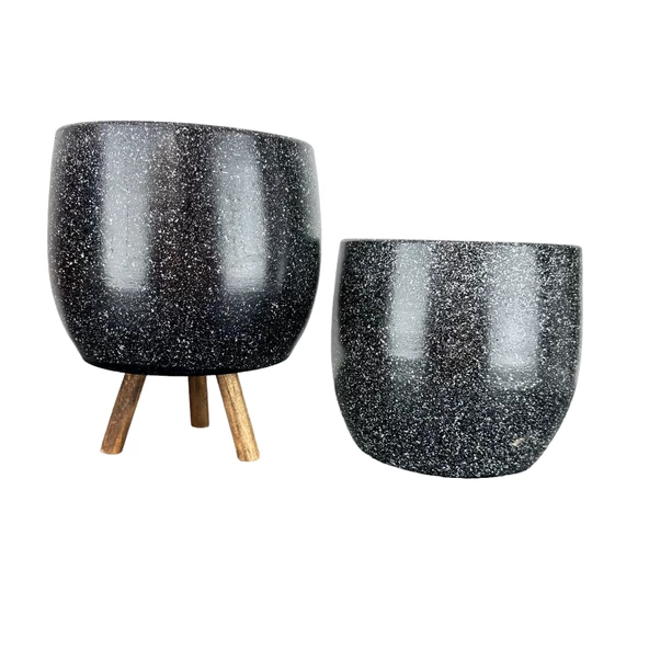 Bitki Tasarımı Siyah Granit Toprak Saksı Saksılık Salon Çiçeklik İkili Set Ayaksız - 3 Ayaklı- 19 CM