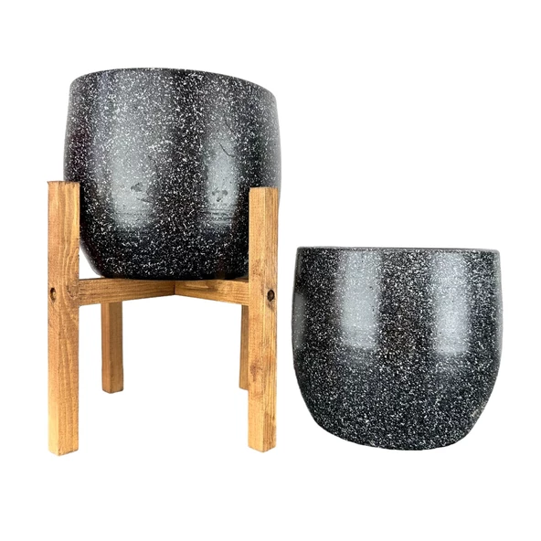 Bitki Tasarımı Ev Dekorasyon Aksesuar Siyah Granit Toprak Saksı Saksılık Salon Çiçeklik İkili Set Ayaksız - 4 Ayaklı- 19 CM