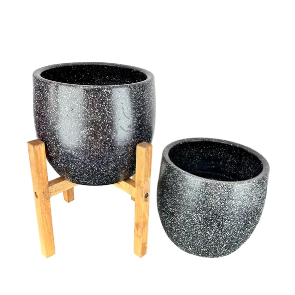 Bitki Tasarımı Ev Dekorasyon Aksesuar Siyah Granit Toprak Saksı Saksılık Salon Çiçeklik İkili Set Ayaksız - 4 Ayaklı- 19 CM - 3