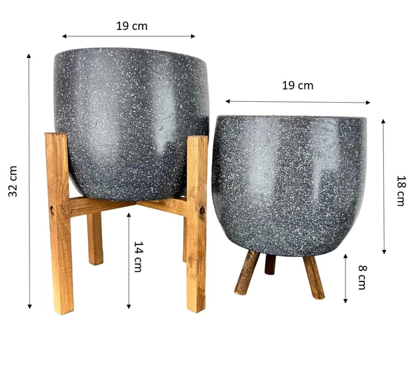 Bitki Tasarımı  Gri Granit Toprak Saksı Saksılık Salon Çiçeklik İkili Set 3 Ayaklı- 4 Ayaklı- 19 CM - 2