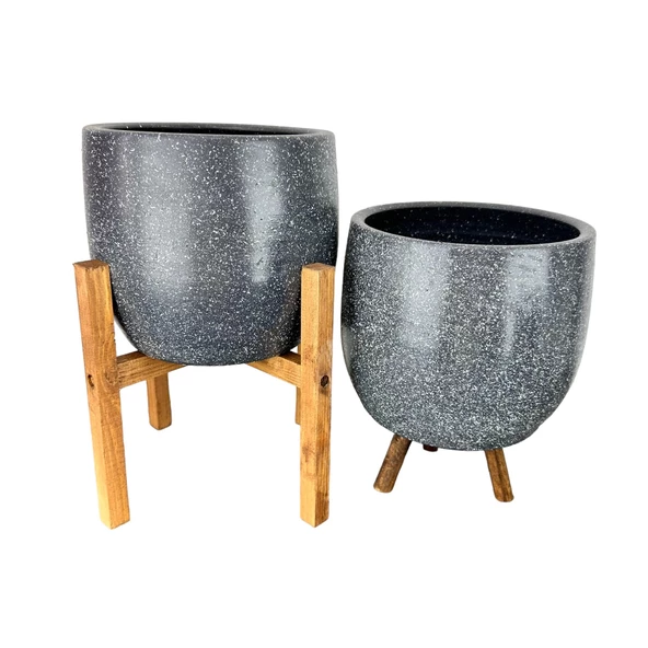Bitki Tasarımı  Gri Granit Toprak Saksı Saksılık Salon Çiçeklik İkili Set 3 Ayaklı- 4 Ayaklı- 19 CM - 3