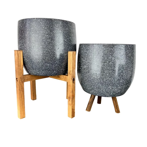 Bitki Tasarımı  Gri Granit Toprak Saksı Saksılık Salon Çiçeklik İkili Set 3 Ayaklı- 4 Ayaklı- 19 CM