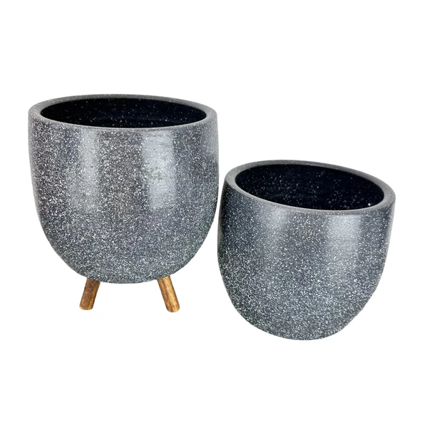Bitki Tasarımı Gri Granit Toprak Saksı Saksılık Salon Çiçeklik İkili Set Ayaksız - 3 Ayaklı- 19 CM - 3
