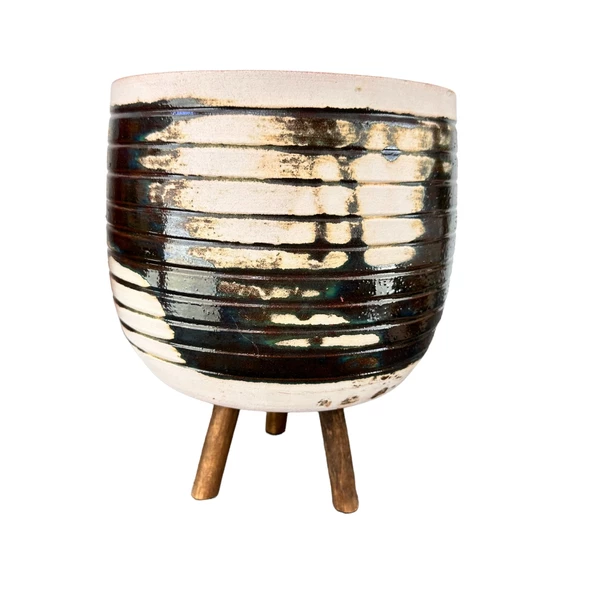 Bitki Tasarımı Yeşil Sırlı Terrakota Toprak Saksı Saksılık Salon Çiçeklik 3 Ayaklı - 19 CM ürün görseli