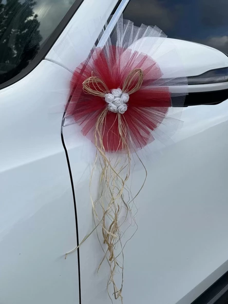 5 Adet Beyaz Kırmızı Kristal Tül Beyaz Latex Gül Doğal Rafya Detaylı Düğün Nikah Kına Sünnet Konvoy Süsü - Resim 8