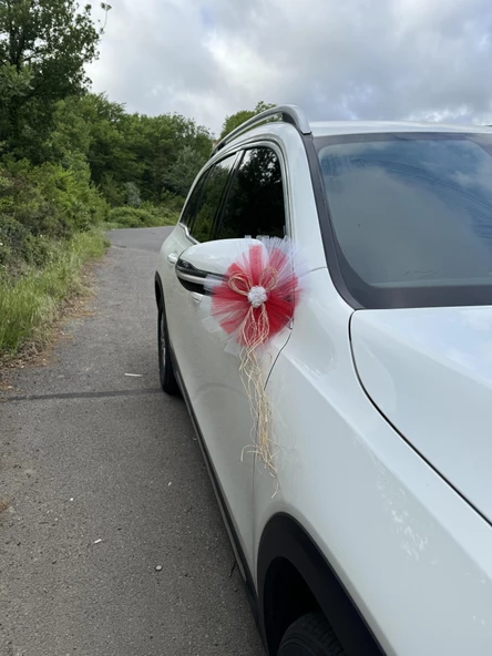 5 Adet Beyaz Kırmızı Kristal Tül Beyaz Latex Gül Doğal Rafya Detaylı Düğün Nikah Kına Sünnet Konvoy Süsü - Resim 7