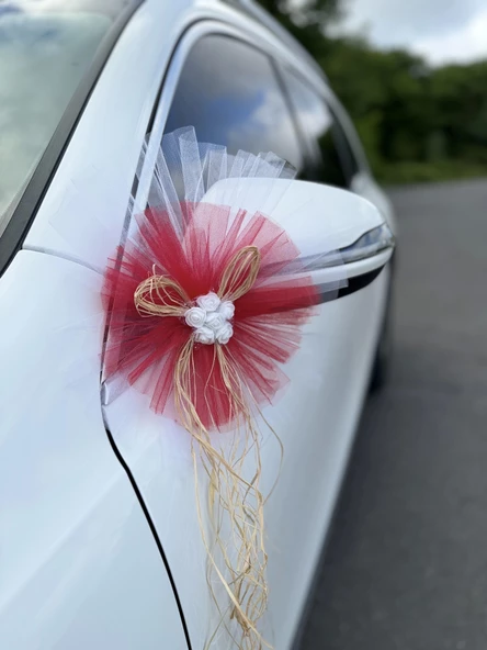 5 Adet Beyaz Kırmızı Kristal Tül Beyaz Latex Gül Doğal Rafya Detaylı Düğün Nikah Kına Sünnet Konvoy Süsü - Resim 2