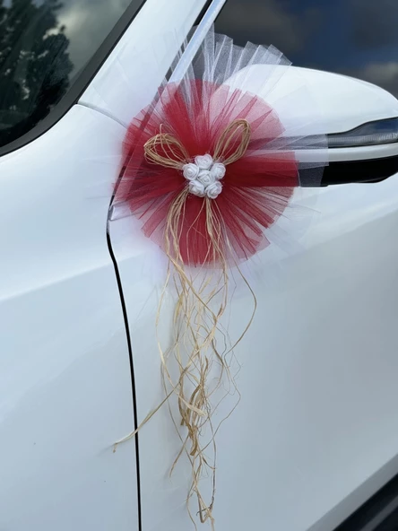 5 Adet Beyaz Kırmızı Kristal Tül Beyaz Latex Gül Doğal Rafya Detaylı Düğün Nikah Kına Sünnet Konvoy Süsü - Resim 6