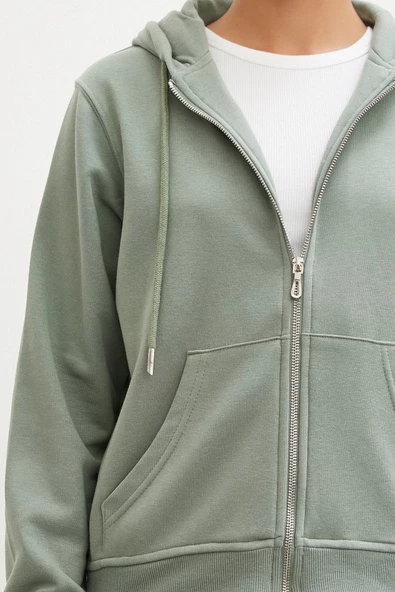 Fermuarlı Kapüşonlu Sweatshirt Yeşil - 5