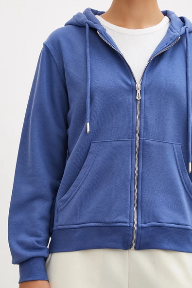Fermuarlı Kapüşonlu Sweatshirt Mavi - 3