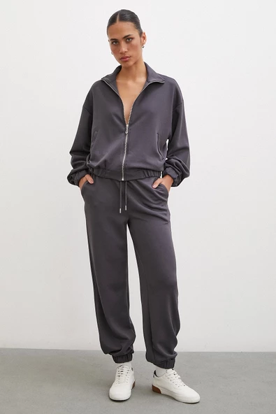 Fermuarlı Sweatshirt Füme - 4