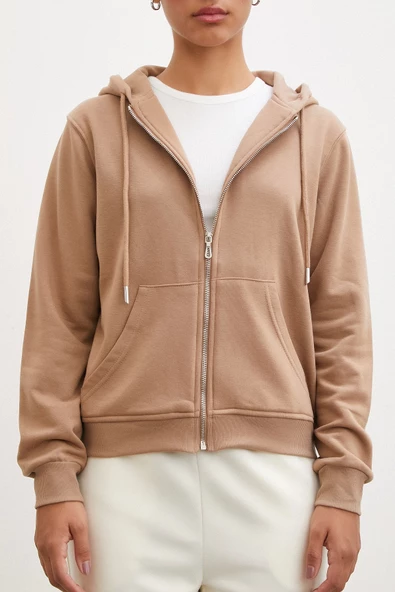 Fermuarlı Kapüşonlu Sweatshirt Kahve - 5