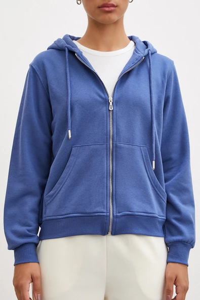 Fermuarlı Kapüşonlu Sweatshirt Mavi - 2