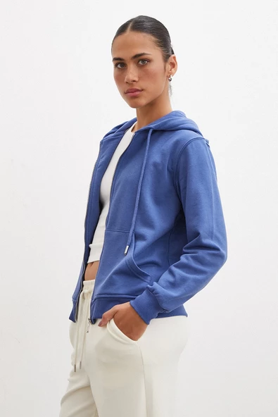 Fermuarlı Kapüşonlu Sweatshirt Mavi - 6