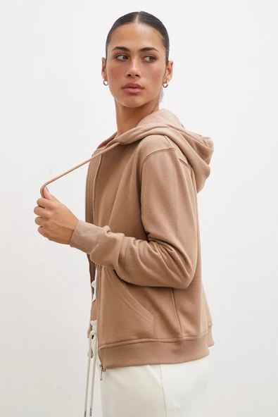 Fermuarlı Kapüşonlu Sweatshirt Kahve - 3