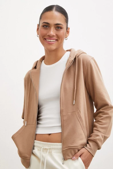 Fermuarlı Kapüşonlu Sweatshirt Kahve - 2