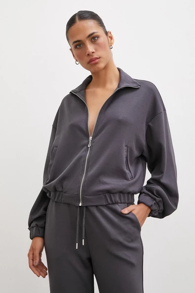 Fermuarlı Sweatshirt Füme - 6