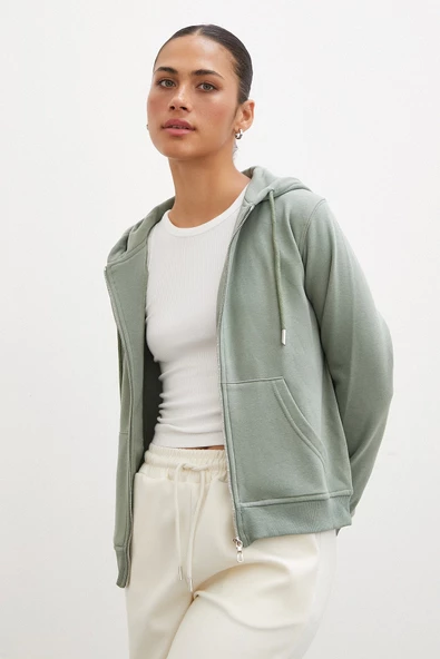 Fermuarlı Kapüşonlu Sweatshirt Yeşil - 2