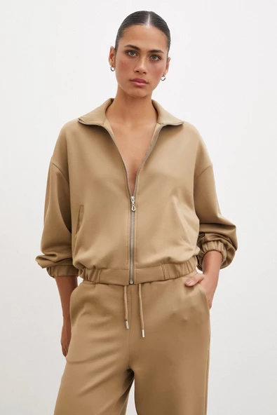 Fermuarlı Sweatshirt Camel - 5