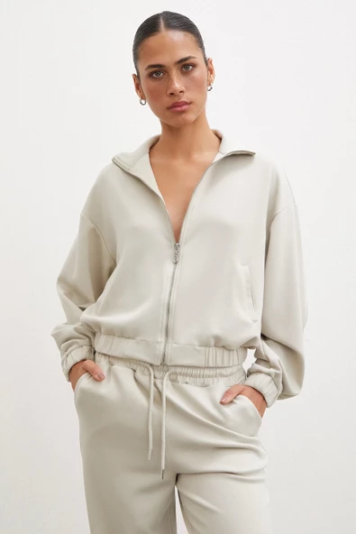 Fermuarlı Sweatshirt Taş - 4