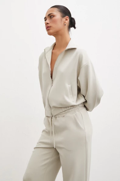 Fermuarlı Sweatshirt Taş - 3