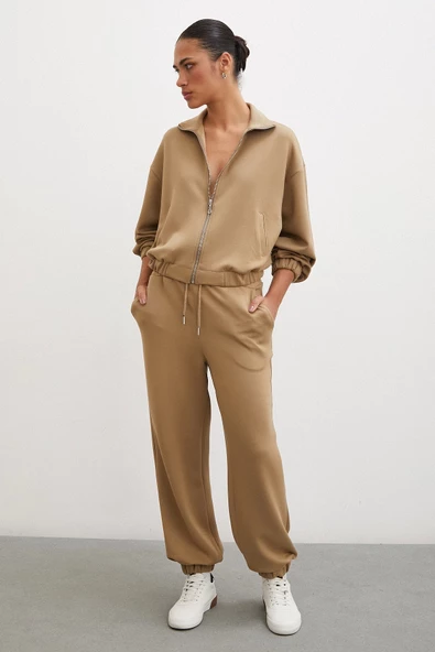 Fermuarlı Sweatshirt Camel - 4