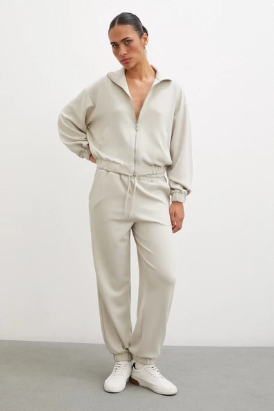 Fermuarlı Sweatshirt Taş - 2