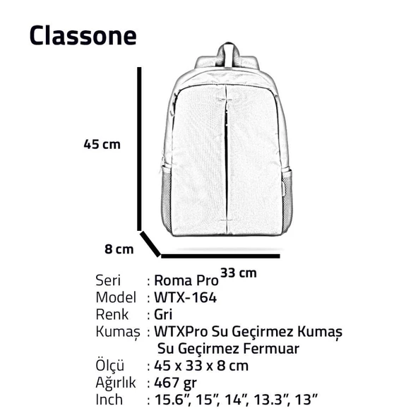 Classone WTX164 15.6¨ Wtx Pro Seu Geçirmez Kumaş Notebook,Laptop Sırt Çantas-Gri - 7