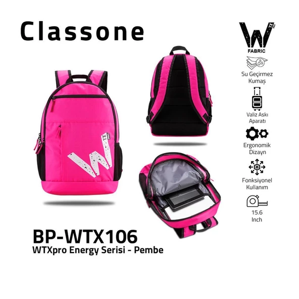 Classone BP-WTX106 WTXpro Serisi Su Geçirmez Kumaş,15.6¨ Laptop, Notebook Sırt Çantası-Pembe