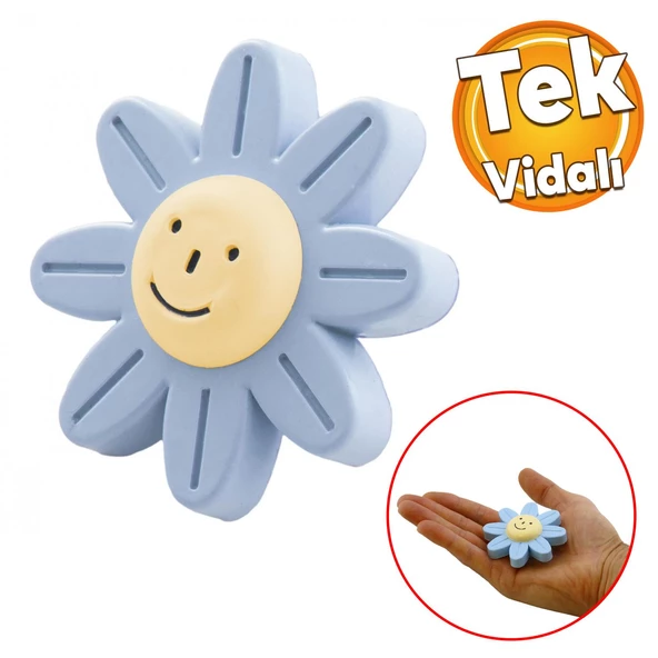 Plastik Papatya Gülücüklü Mavi Renk Mobilya Çoçuk Odası Dolabı Kapak Kulpu Çekmece Kulbu 5 ADET - Resim 3