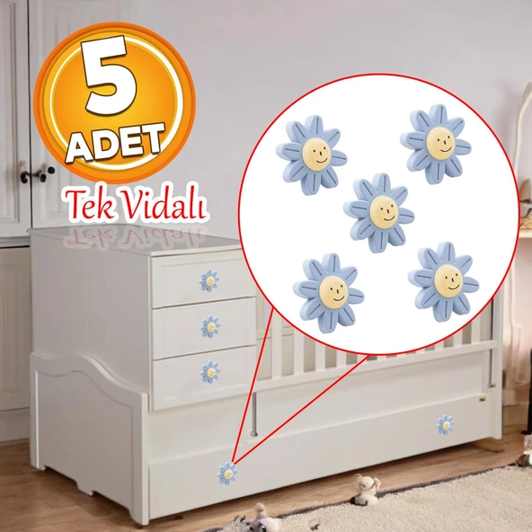 Plastik Papatya Gülücüklü Mavi Renk Mobilya Çoçuk Odası Dolabı Kapak Kulpu Çekmece Kulbu 5 ADET