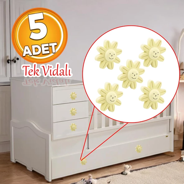 Plastik Papatya Gülücüklü 5 ADET Krem Aytaşı Mobilya Çoçuk Odası Dolabı Kapak Kulpu Çekmece Kulbu