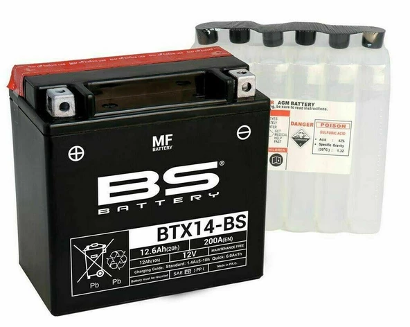 Bs Btx14-Bs 2007-2012 Piaggio X Evo 400 Uyumlu Akü Sulu Akü