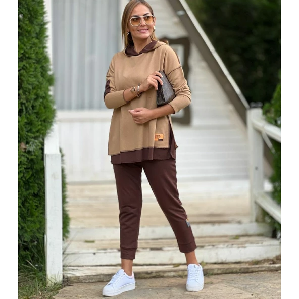Lucky Life Kadın Kahve Kapşonlu Etek Ucu Detay Arma Ikili Takım - 2