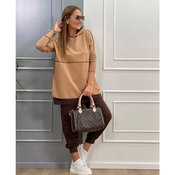 Lucky Life Kadın Kahve Kapşonlu Etek Ucu Detay Arma Ikili Takım - 3