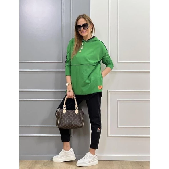 Lucky Life Kadın Yeşil Kapşonlu Etek Ucu Detay Arma Ikili Takım - Resim 3