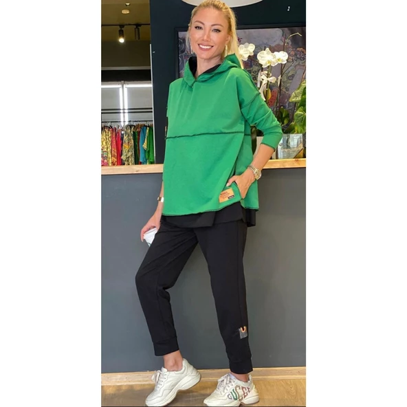 Lucky Life Kadın Yeşil Kapşonlu Etek Ucu Detay Arma Ikili Takım - Resim 5