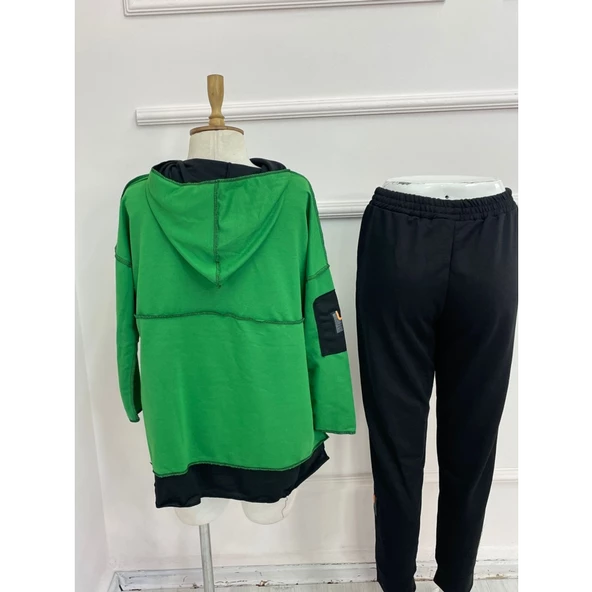 Lucky Life Kadın Yeşil Kapşonlu Etek Ucu Detay Arma Ikili Takım - Resim 7