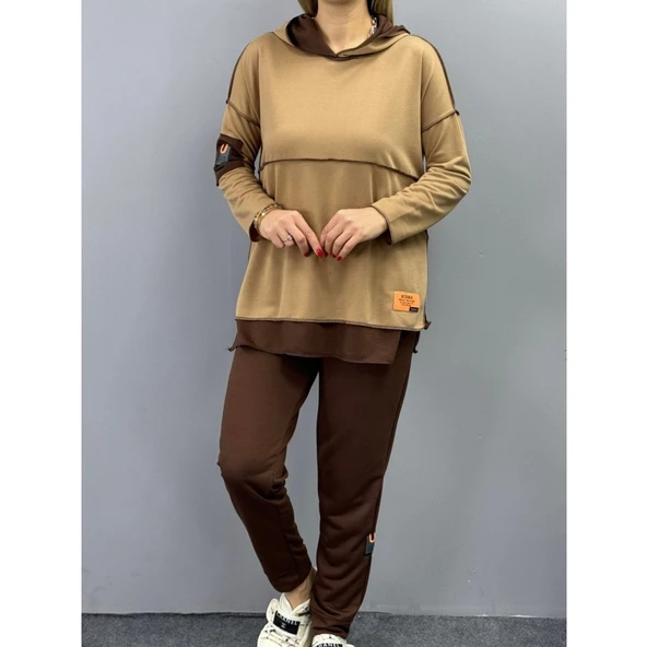 Lucky Life Kadın Kahve Kapşonlu Etek Ucu Detay Arma Ikili Takım - 8