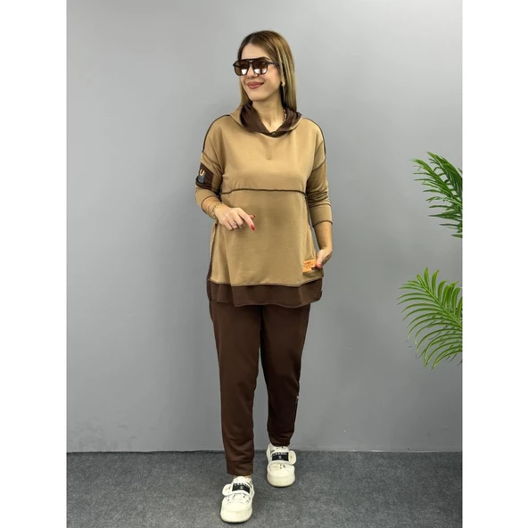 Lucky Life Kadın Kahve Kapşonlu Etek Ucu Detay Arma Ikili Takım - 7