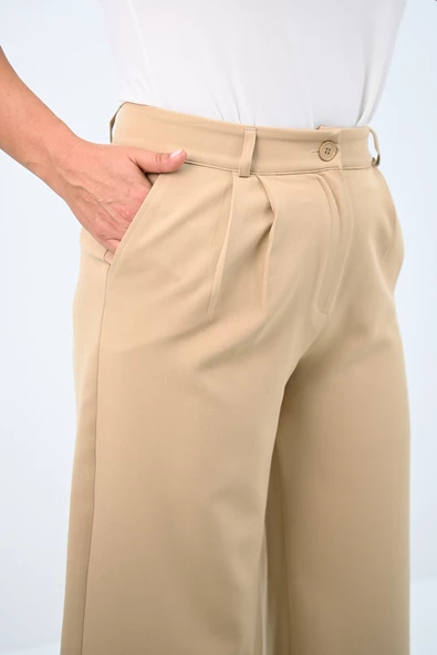 Kadın Pileli Yüksek Bel Bol Paça Pantolon 6299-25 - 12