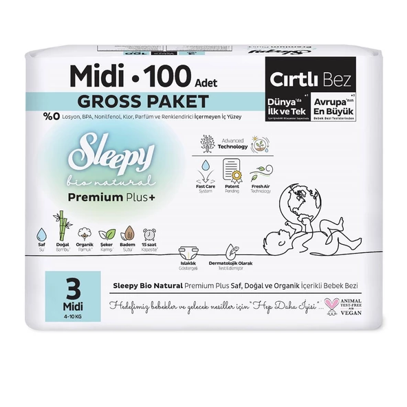 Sleepy Bio Natural Premium Plus Gross Paket Bebek Bezi 3 Numara Midi 100 Adet - 2
